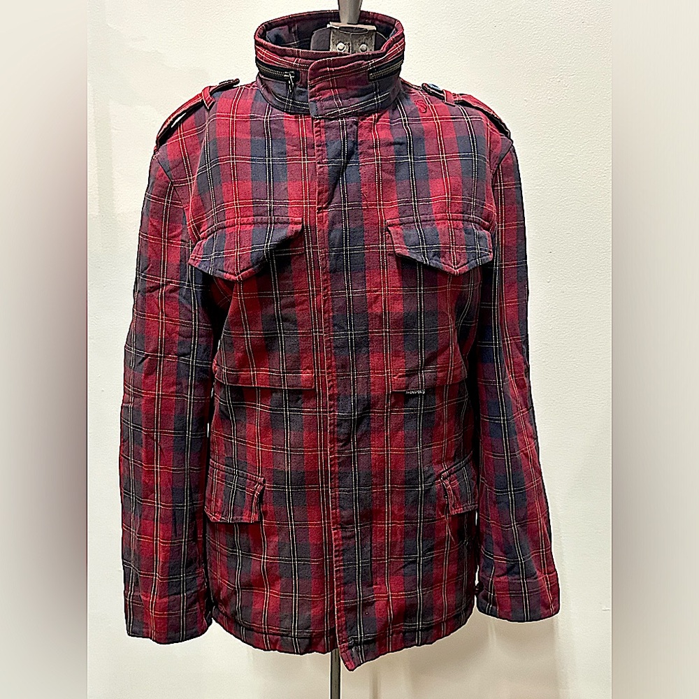 Men’s Subscript S, NY, NY (size L),  plaid, military-style coat/jacket